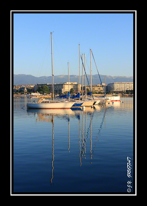 Reflet dans les eaux calmes du lac Léman au lever du soleil